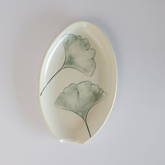 Spoon rest with botanical imprint of a Ginkgo leaf